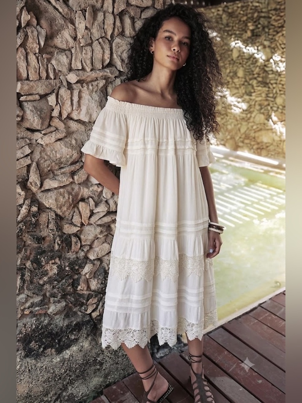 vasna Off-Shoulder Cream Midi Dress With Ruffle and Embroidered Detail Lined